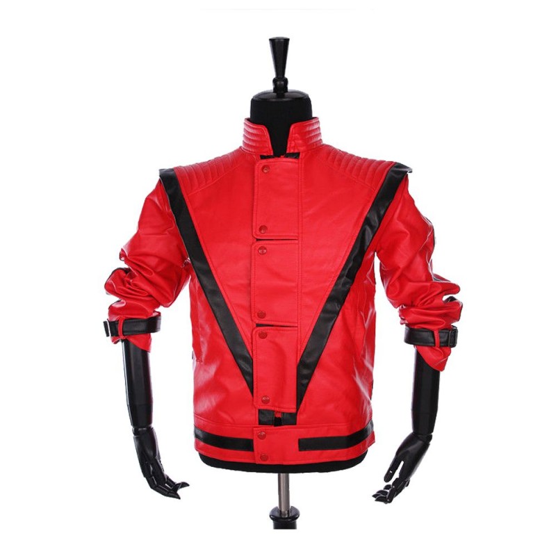 Rare MJ Red THRILLER Leather Jacket Men Gothic Party Style Fashion Jacket 